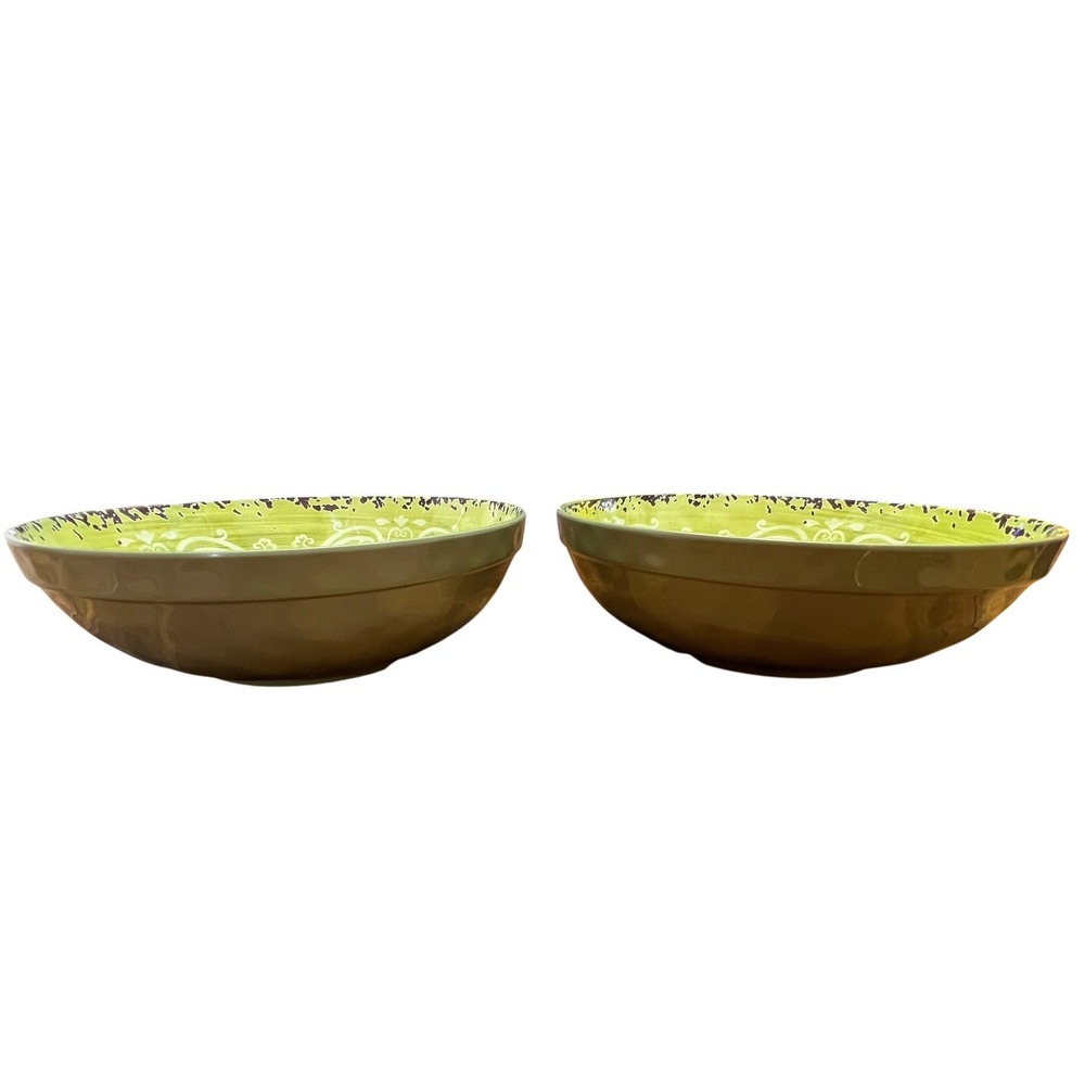 Palm Restaurant Pasta Salad Bowls Set of 2 8" Green Very Good Scroll Distressed - Picture 4 of 8
